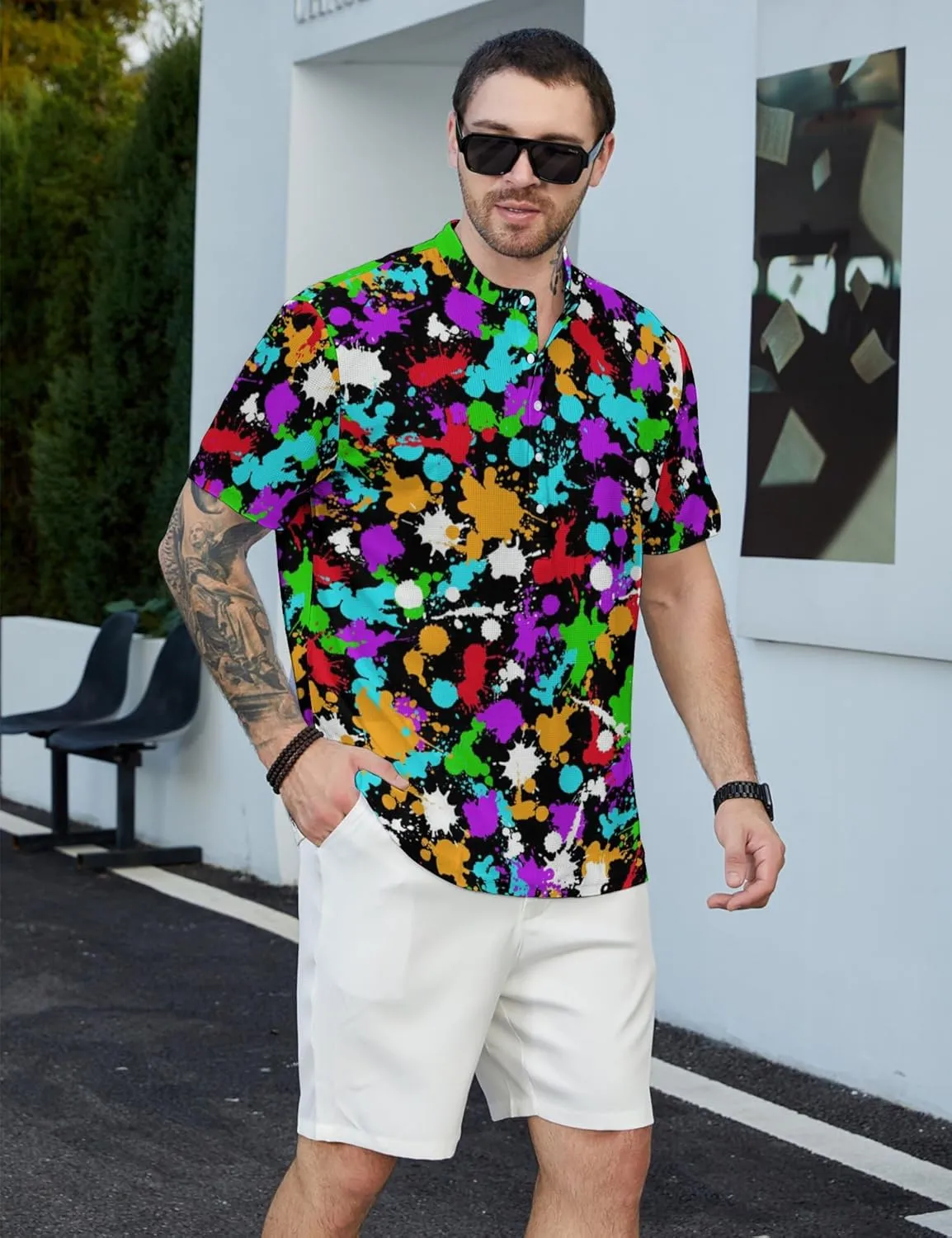 Hawaiian Mens Henley Polo Shirts Short Sleeve Quick Dry Funny Print Casual Collarless Golf Shirts for Men