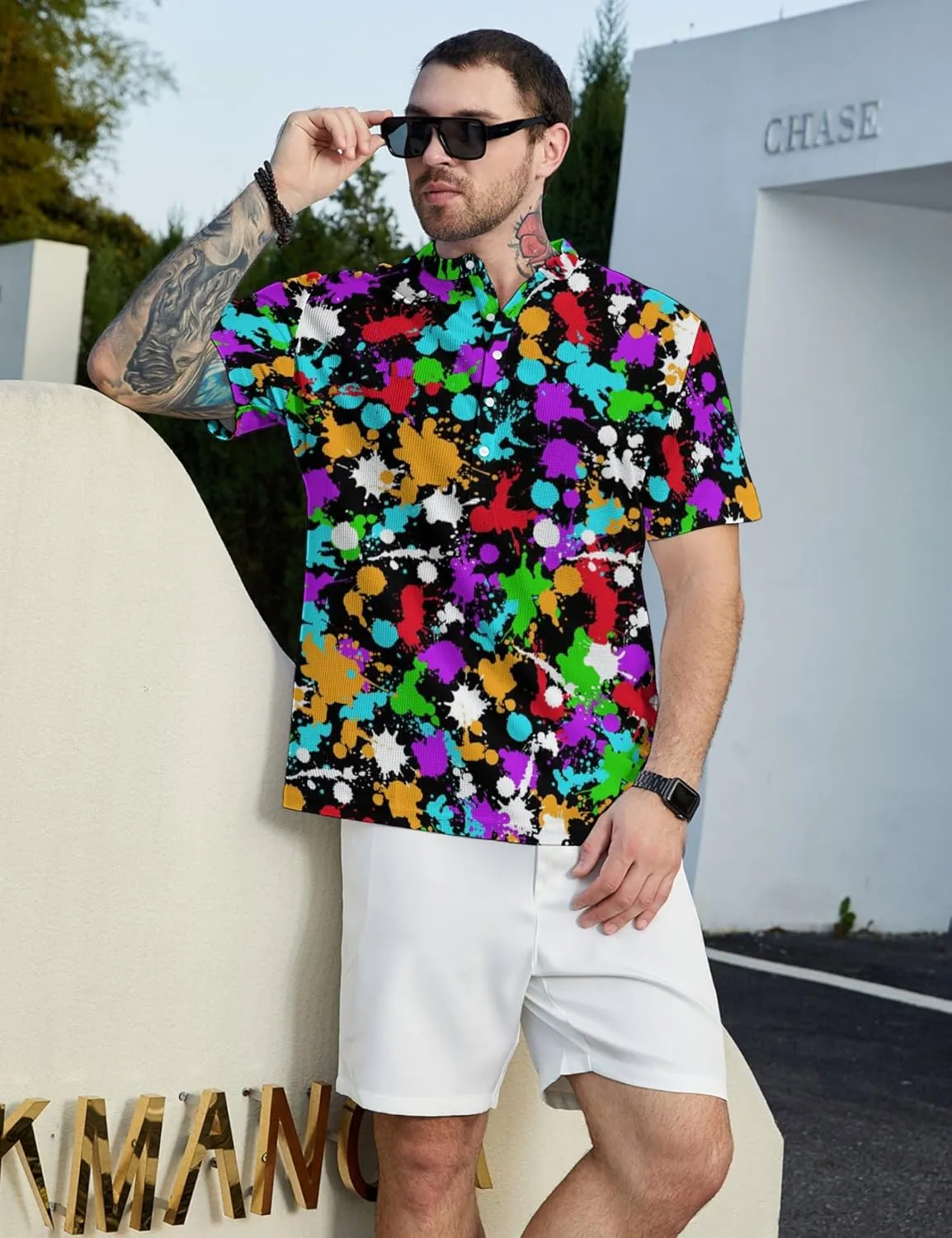 Hawaiian Mens Henley Polo Shirts Short Sleeve Quick Dry Funny Print Casual Collarless Golf Shirts for Men