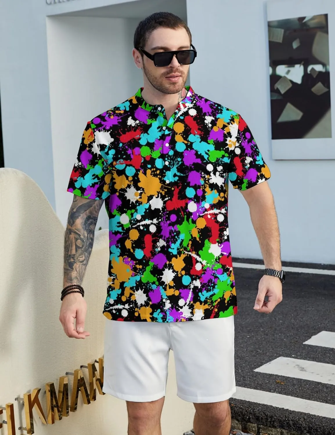Hawaiian Mens Henley Polo Shirts Short Sleeve Quick Dry Funny Print Casual Collarless Golf Shirts for Men