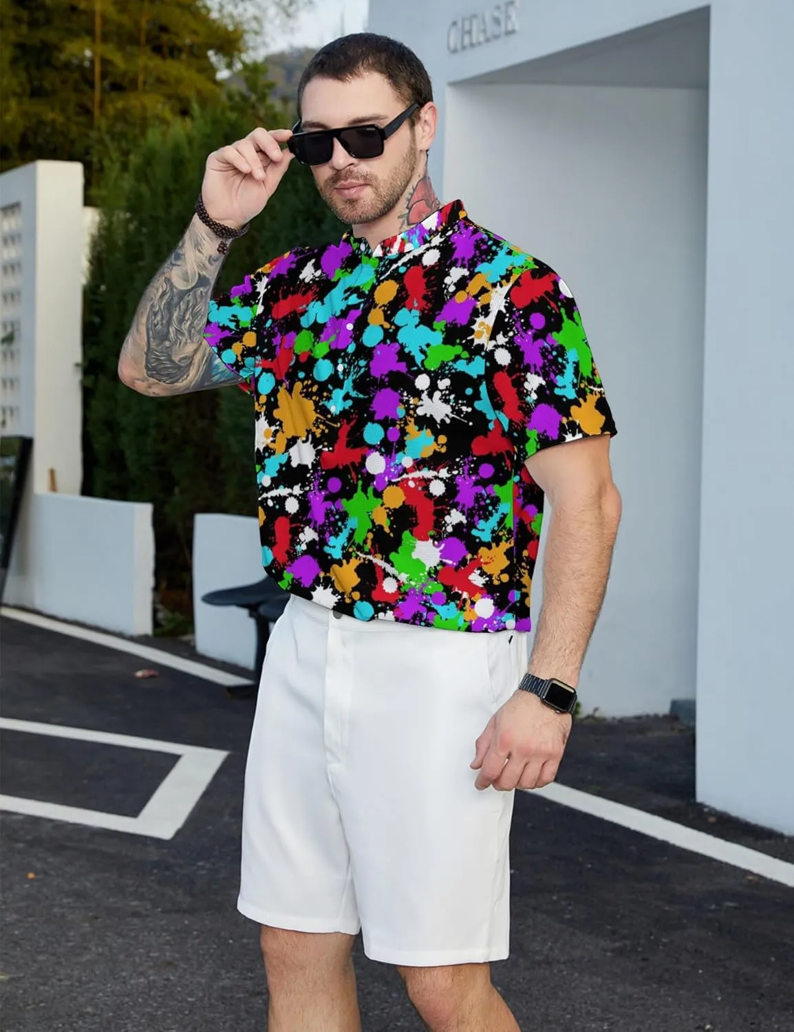 Hawaiian Mens Henley Polo Shirts Short Sleeve Quick Dry Funny Print Casual Collarless Golf Shirts for Men