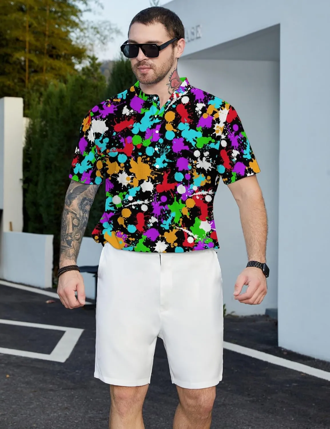 Hawaiian Mens Henley Polo Shirts Short Sleeve Quick Dry Funny Print Casual Collarless Golf Shirts for Men