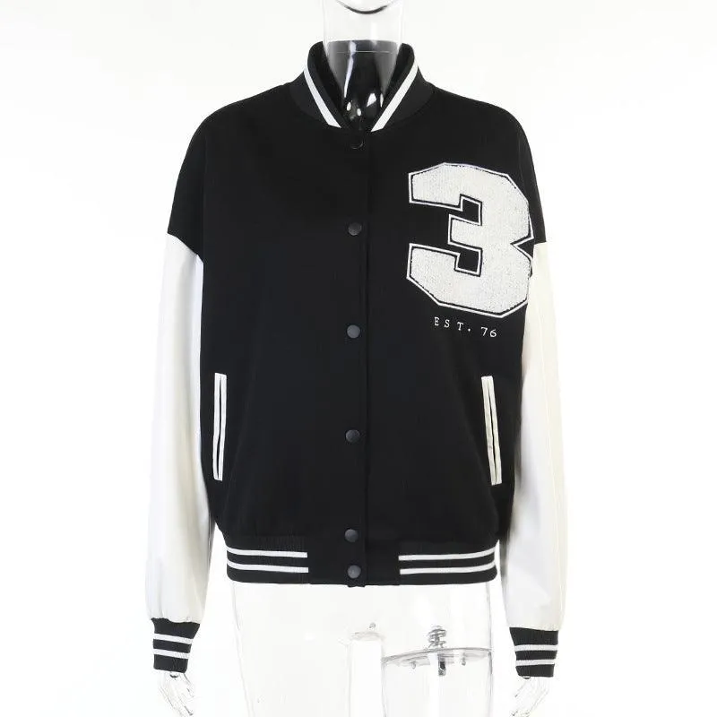PU Stitching Contrast Loose Shoulder Baseball Jacket
