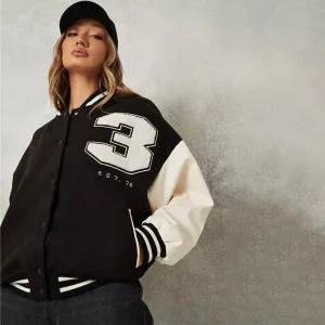 PU Stitching Contrast Loose Shoulder Baseball Jacket