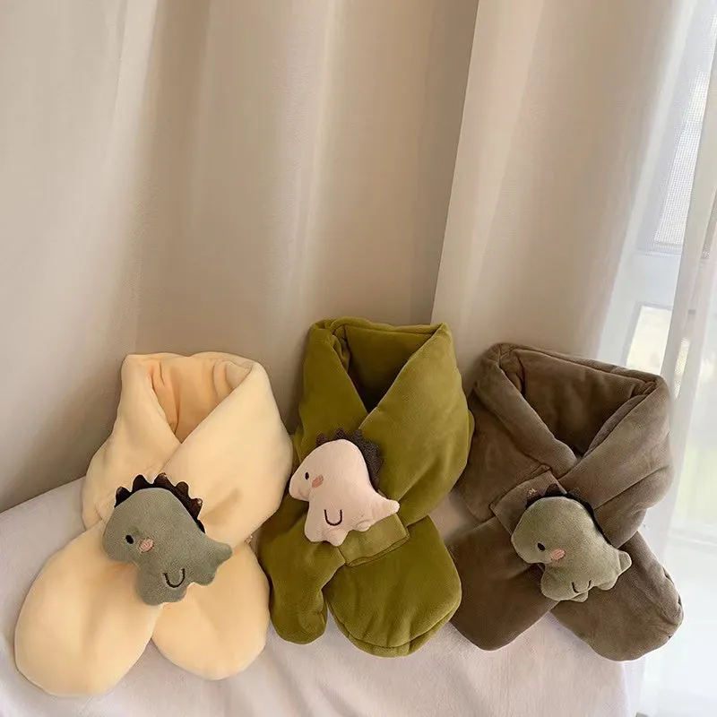 Shy Dino Cartoon Fleece Warm Cross Scarf