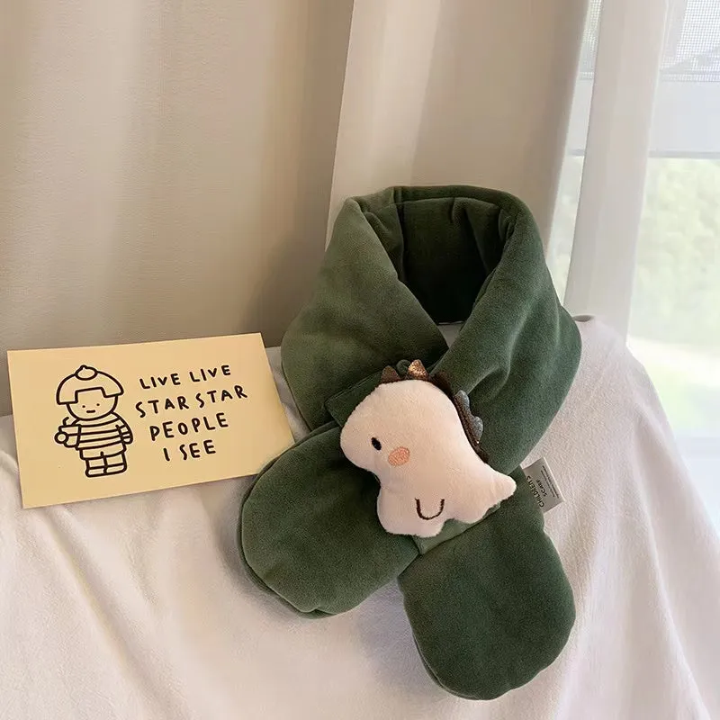 Shy Dino Cartoon Fleece Warm Cross Scarf