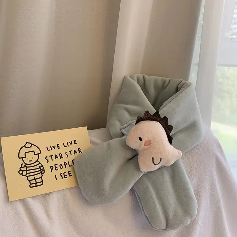 Shy Dino Cartoon Fleece Warm Cross Scarf
