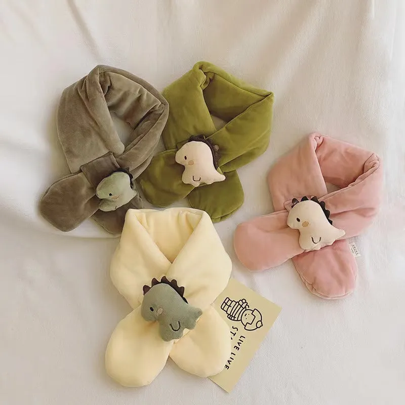 Shy Dino Cartoon Fleece Warm Cross Scarf
