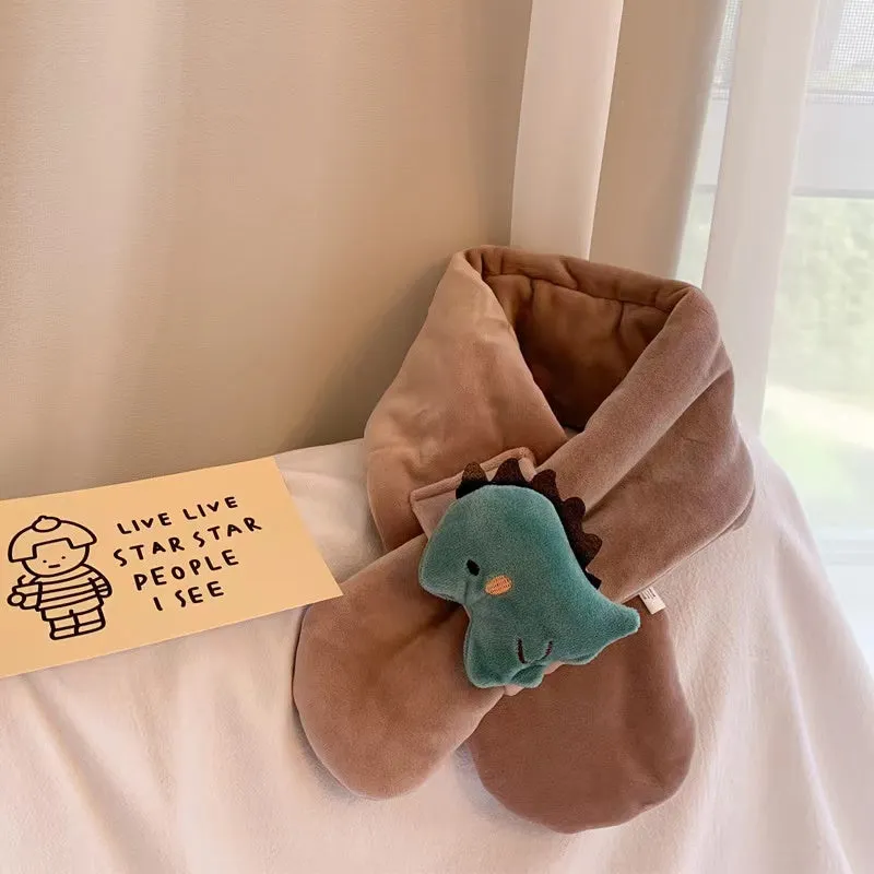 Shy Dino Cartoon Fleece Warm Cross Scarf
