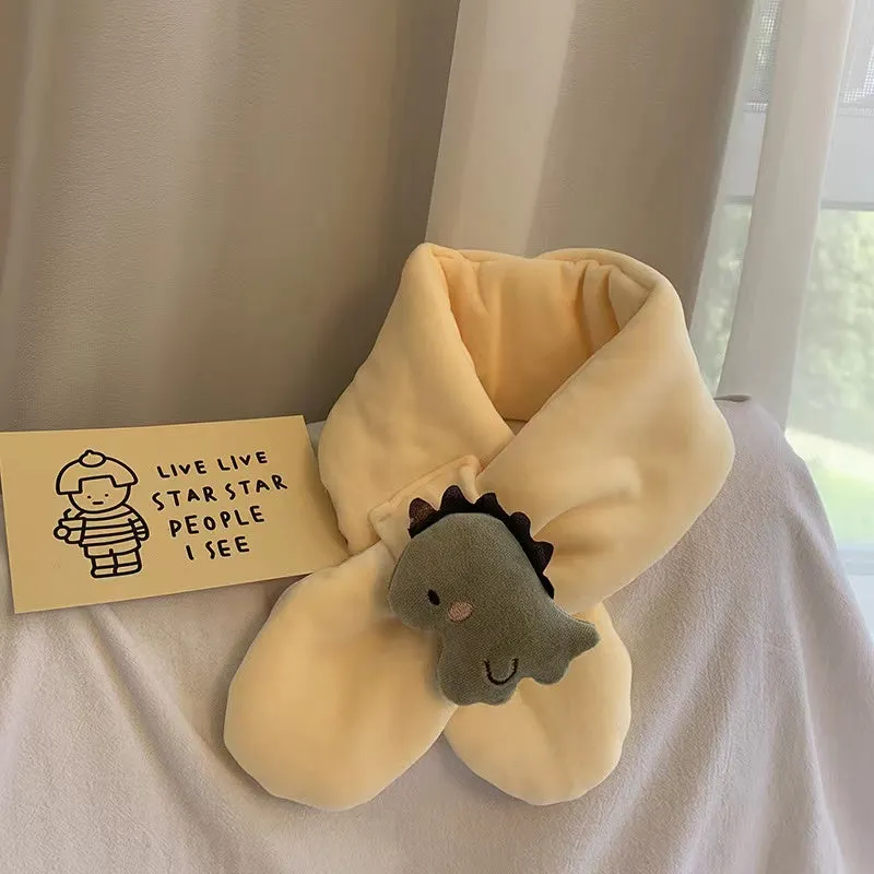 Shy Dino Cartoon Fleece Warm Cross Scarf