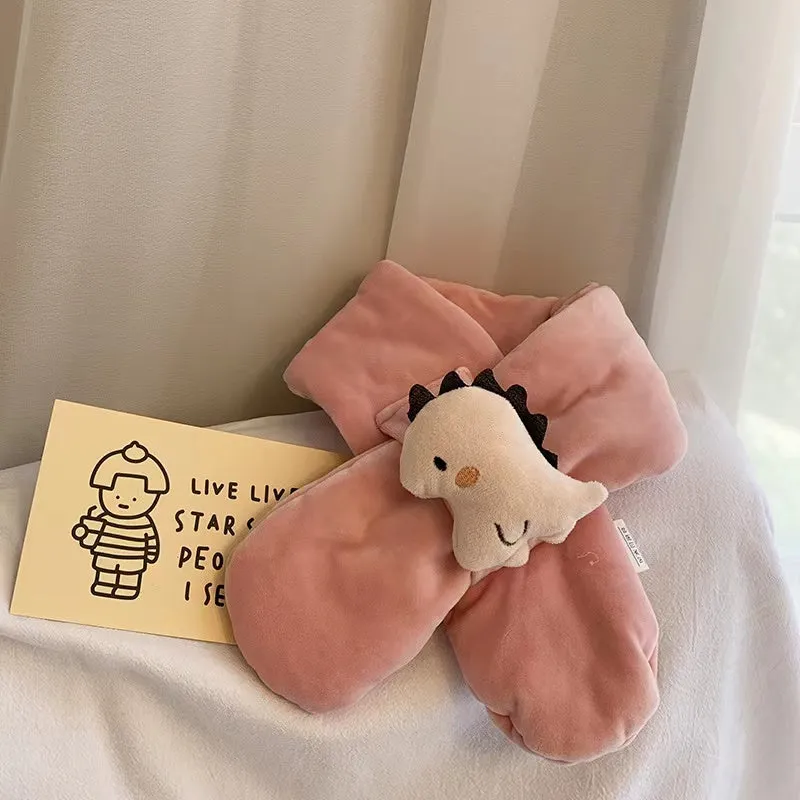 Shy Dino Cartoon Fleece Warm Cross Scarf